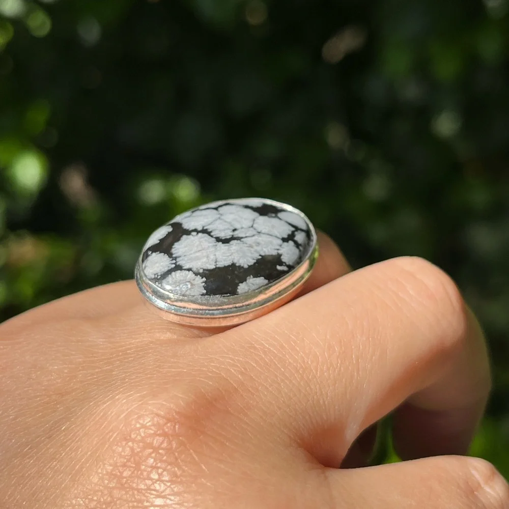 Size 6.75 925 silver plated snow flake obsidian ring‎